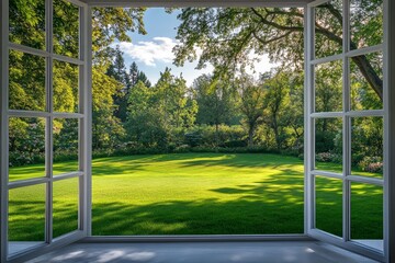 Photorealistic view through a white multi pane window showcasing a tranquil outdoor landscape