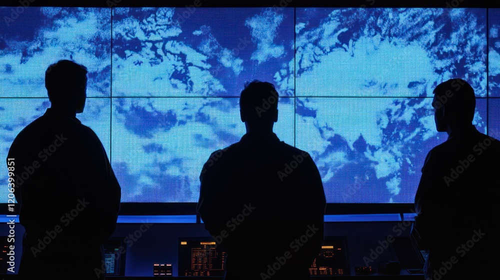 Poster Silhouetted figures observe a global data display