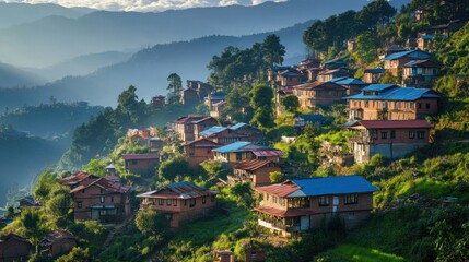 Mountain Village Houses Nestled Among Lush Green Hillsides