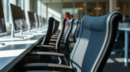 Modern office workspace with rows of computers and ergonomic chairs, bathed in natural light from large windows.