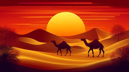 Desert Sunset Silhouette Camels Crossing Sands