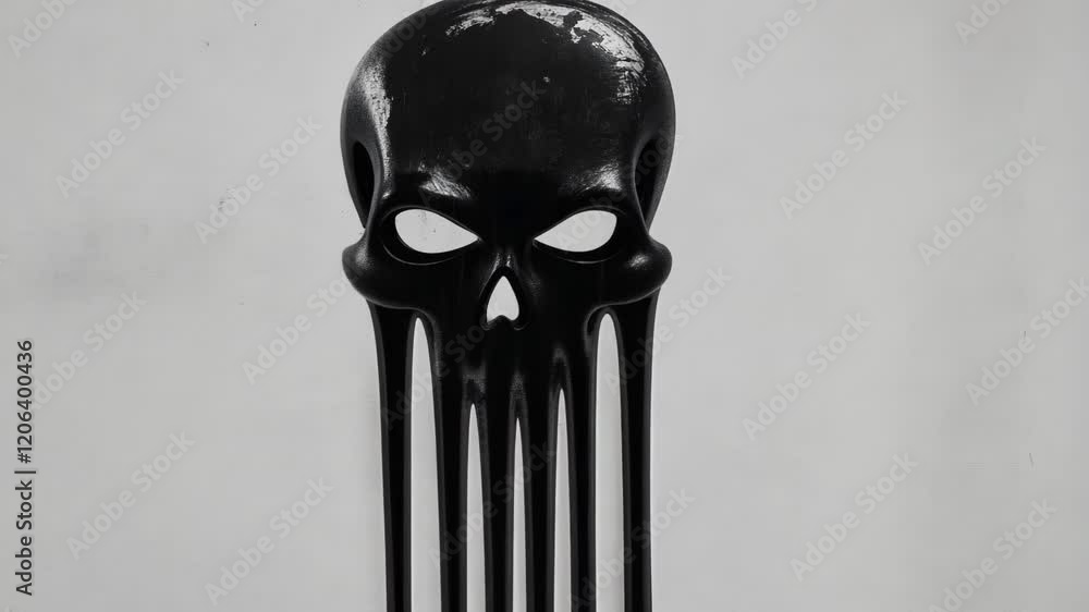Poster skeleton design resembling a skull crafted from black cutlery elements displayed against a gray back