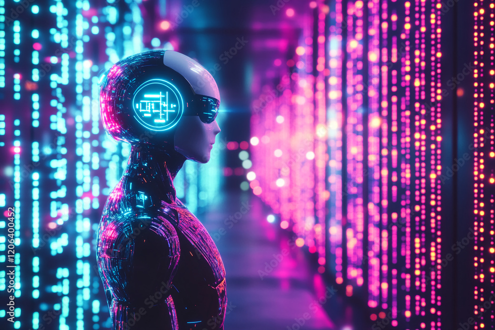 Aufkleber Futuristic robot standing in a vibrant digital environment with neon lights and data streams