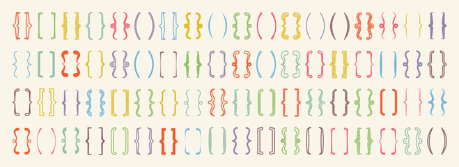 Shaded text brackets, colorful quotation box. Curly, square and corner parentheses. Vintage typographical symbol, calligraphic quote frame. Doodle, lettering element. Vector illustration