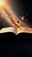 Open book revealing the solar system, hyperrealism, with white tones