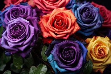 Fototapeta premium Bouquet of colorful roses with water drops creating a beautiful display of vibrant colors