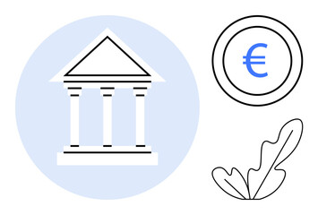 Classical building with pillars and triangular roof, Euro coin, and leaf outline. Ideal for topics in finance, European economy, banking, architecture, sustainability, eco-friendly initiatives