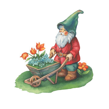 garden gnome pushing wheelbarrow flowers clip art preview