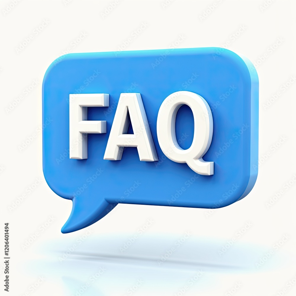 Poster frequently asked questions (faq) 3d render. a blue speech bubble with white lettering provides a cle