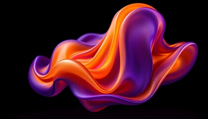 Obraz premium Abstract 3D shape resembling flowing fabric, vibrant purple and orange hues, glossy translucent textures, against a dark black background.”