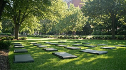 Sunlit Park Lawn With Rectangular Stone Slabs