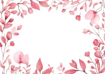 Watercolor Floral Frame with Pink Leaves and Blossoms