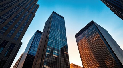 Obraz premium Modern skyscrapers reaching for the sky, bathed in the warm glow of the setting sun. A stunning urban landscape.