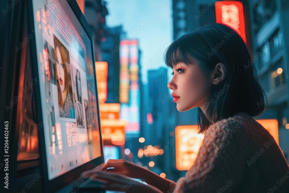 Poster a young woman works on a computer displaying image editing software in a vibrant city setting.
