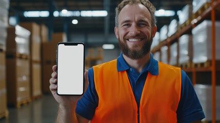 Warehouse Worker Showing Smartphone in Safety Vest
