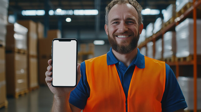 Warehouse Worker Showing Smartphone in Safety Vest
