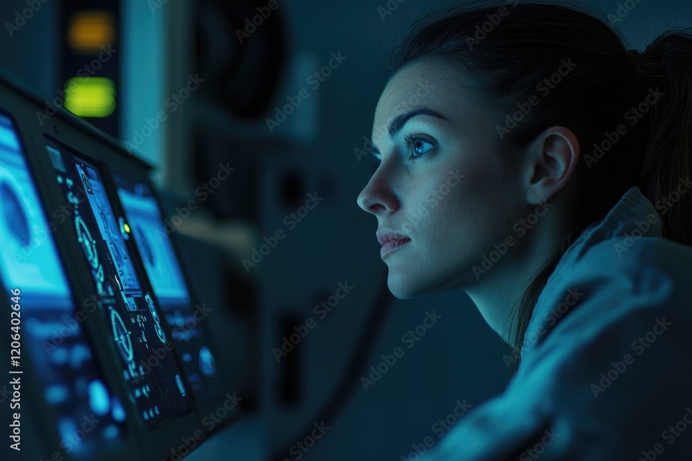 Poster a focused female scientist intently observes data displayed on a high-tech monitor in a dimly lit la