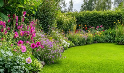 Fototapeta premium Flowering common hollyhock Alcea rosea plants with colorful flowers in summer garden panoramic