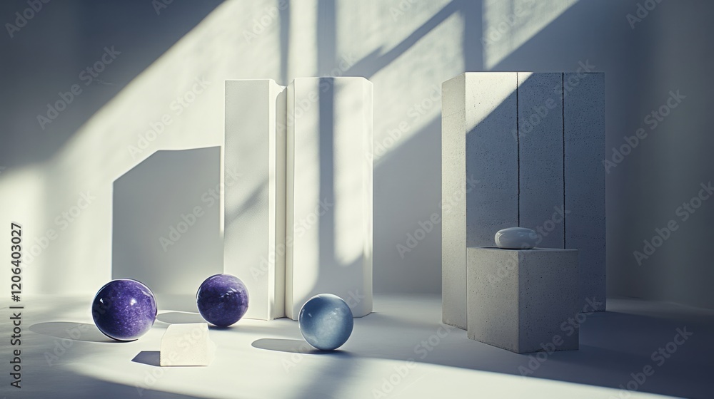 Aufkleber abstract arrangement of geometric shapes and spheres casting shadows in a minimalistic setting