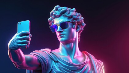 A neon-lit Roman statue wearing sunglasses, striking a modern pose while taking a selfie, blending ancient history with contemporary street style in a vibrant city setting.
