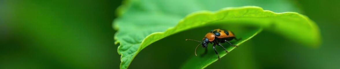 Fototapeta premium Small oriental beetle peeking from under a large green leaf, bug, tiny insect, insect