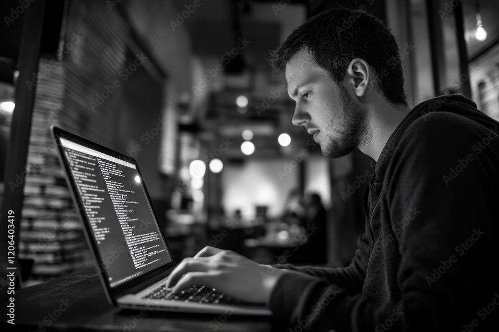 Aufkleber a focused programmer works late into the night, engrossed in coding on his laptop in a dimly lit caf