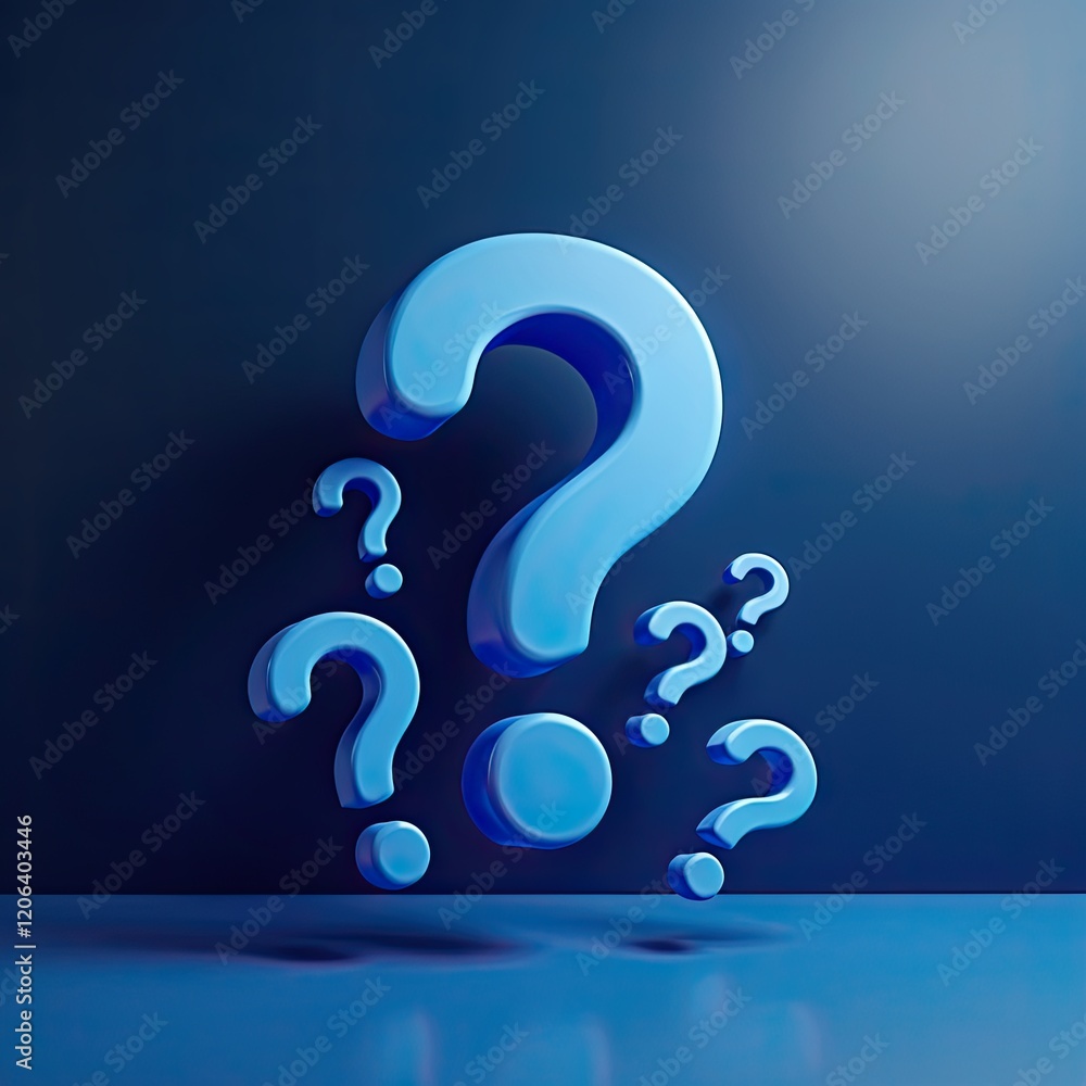 Poster blue question marks floating against a dark blue background. a visual representation of uncertainty,