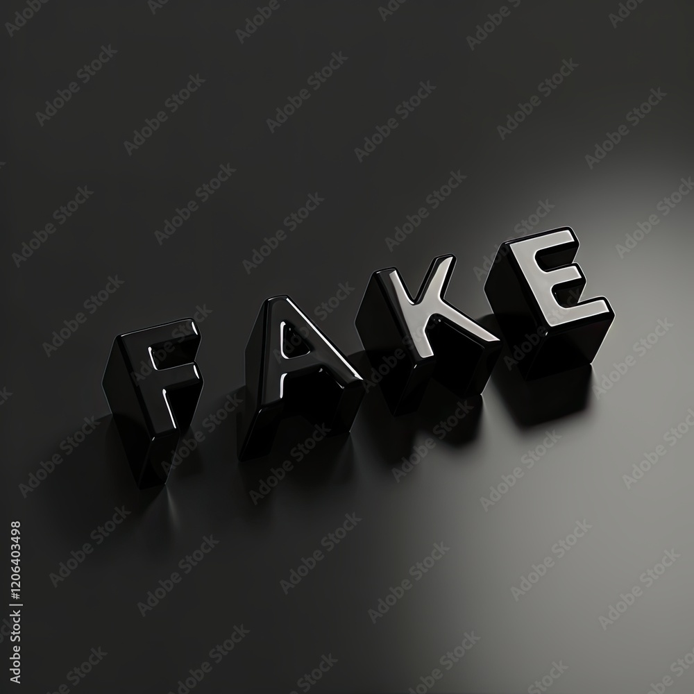 Poster the word 'fake' rendered in glossy, black, three-dimensional letters against a dark background. a st