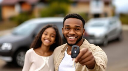 Happy father and daughter celebrating new car purchase together with a car key.