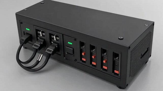 Black electronic device with multiple ports and connections designed for power distribution and data transfer in a compact layout