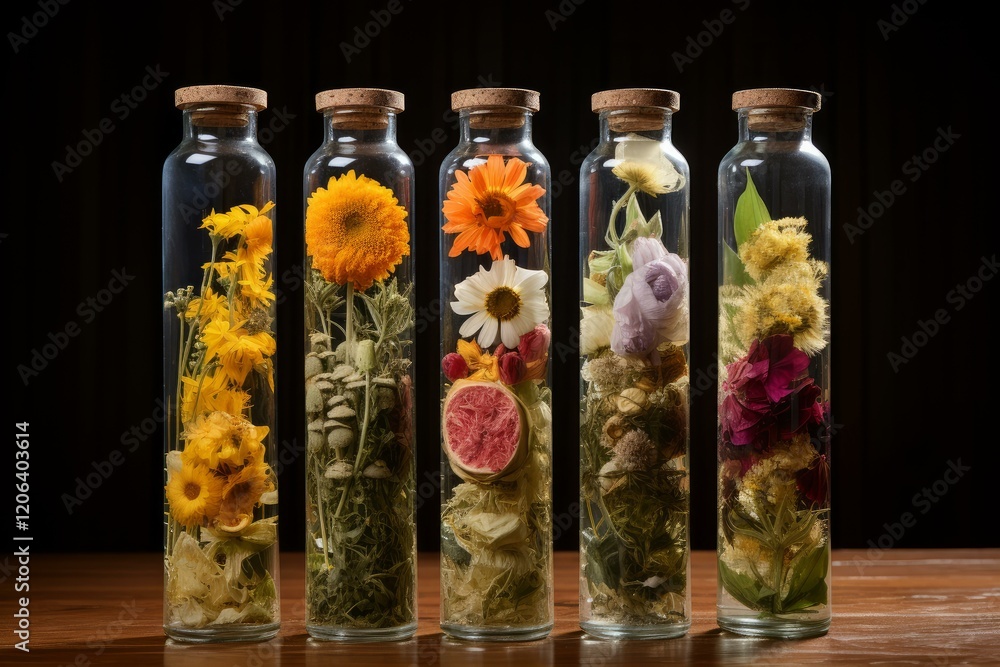 Poster five glass jars with cork lids containing various colorful dried flowers and a slice of grapefruit, 