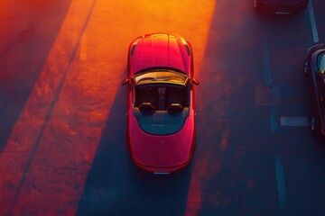 A red convertible sports car parked in a parking lot during sunset, casting a long shadow.