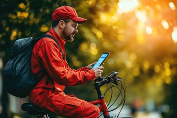 Delivery man on a bicycle using a smartphone app for navigation and order updates.
