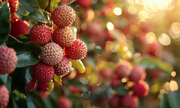 A close-up of lychee fruit hanging from a tree, illuminated by sunlight in a warm, bokeh-filled background.