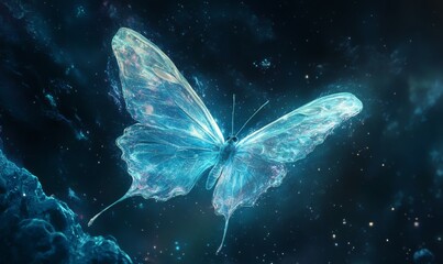 Glowing butterfly in a dreamy state floating in space, glowing, in space, iridescent