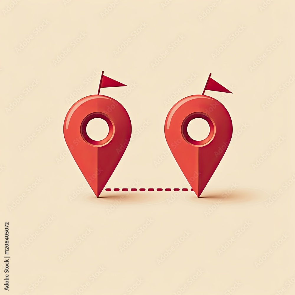 Poster two red location markers connected by a dotted line, suggesting a journey or route between two point