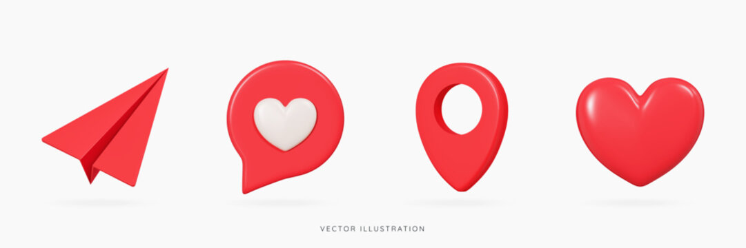 3D Social media emoji and emotions icon set with paper airplane, speech bubble message, pin location and red heart shape. Like and share. Cartoon design icons isolated on white. 3D Vector illustration