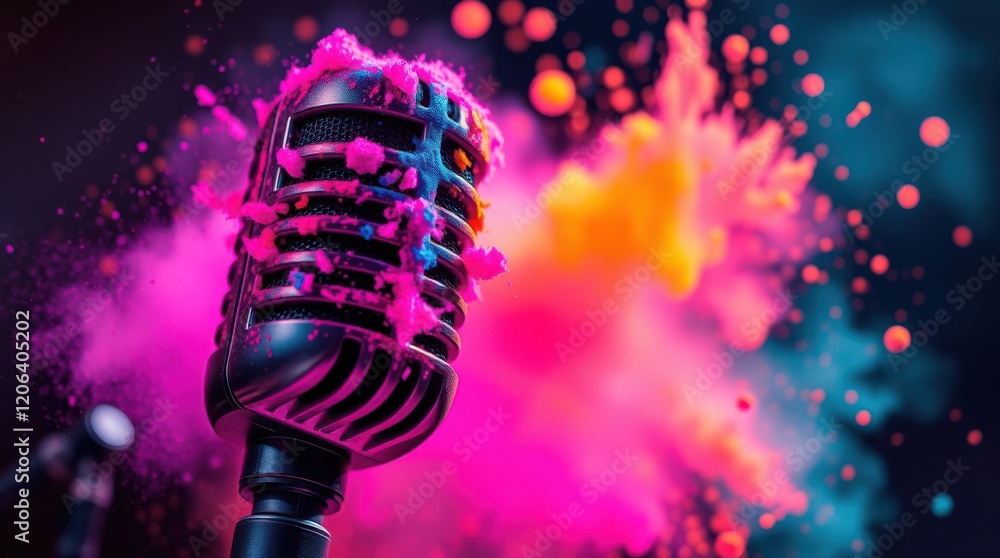 Poster retro microphone engulfed in a vibrant explosion of colorful powder. a dynamic image perfect for mus