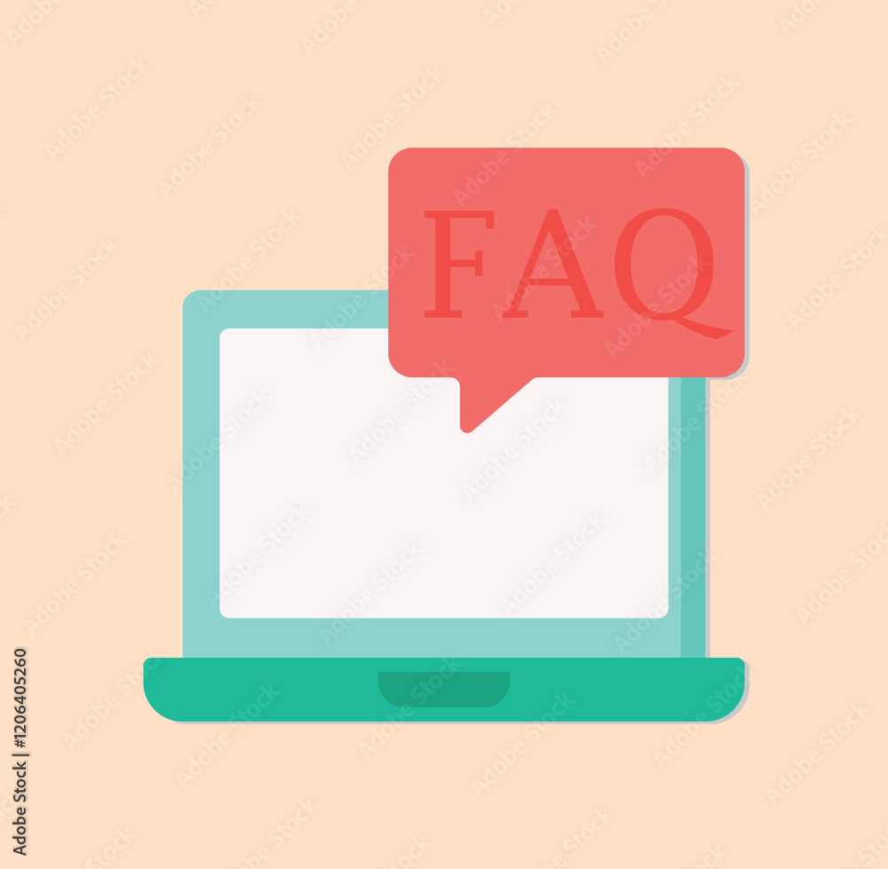 Poster laptop computer with red faq speech bubble icon on peach background minimal vector illustration