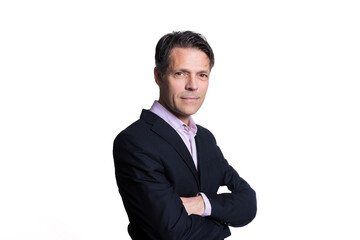 Middle-aged man smiling at the camera, on white background, wearing formal clothes.