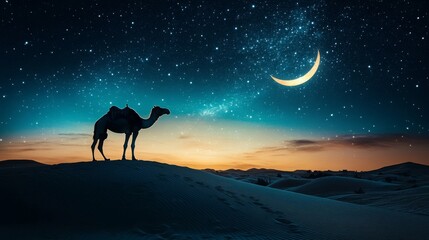 Silhouetted Camel at Dusk Under a Starry Night Sky