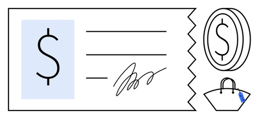 Financial receipt with a dollar sign, signature, lines for details, shopping bag, and coin icon. Ideal for finance, banking, shopping payment transactions retail receipts. Minimalist abstract