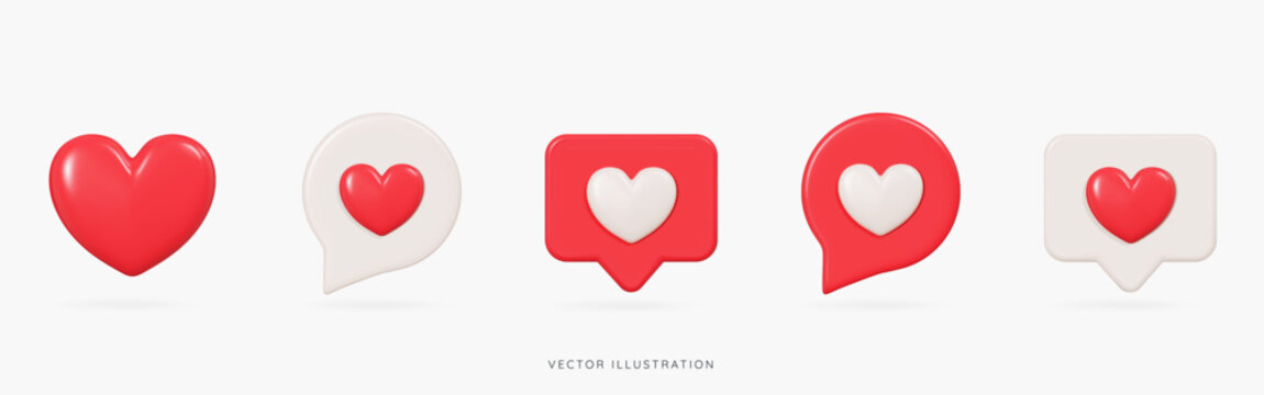 Naklejki 3D Social media likes and emoji icon set. Speech bubble messages with red and beige hearts. Love chat. Reaction buttons. Valentine's Day. Cartoon design icons isolated on white. 3D Vector illustration