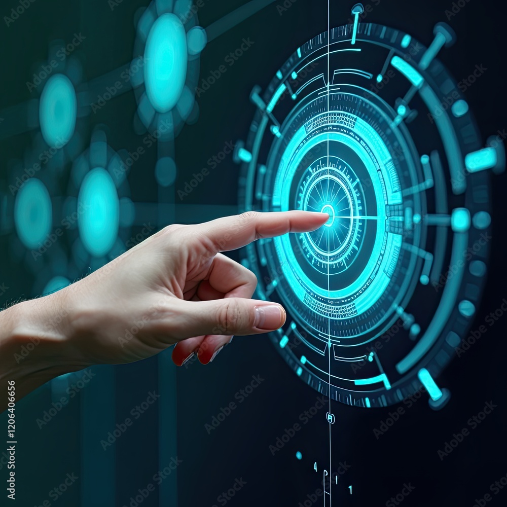 Poster fingertip interacting with a futuristic, digital interface. a hand points at a glowing, circular hud
