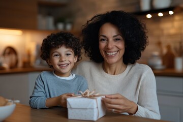 A heartwarming scene of a woman and a child sharing a gift, capturing their smiles and joy in a cozy kitchen setting filled with warmth and love.