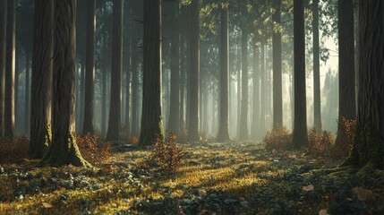 Serene coniferous forest with sunlight streaming through canopy and autumnal hues on forest floor