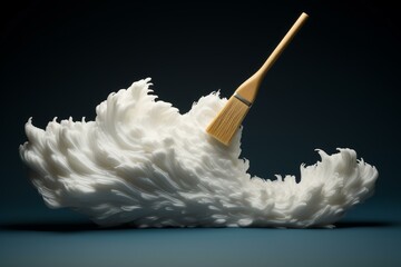Wooden brush painting white fluffy cloud sculpture on dark background, representing artistic creation and imagination