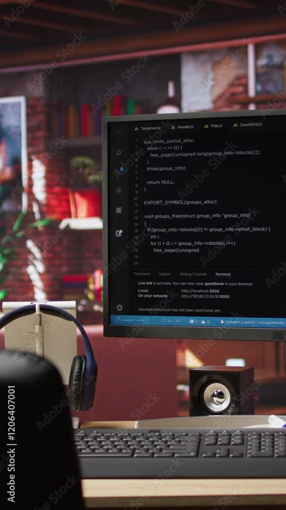 Poster Vertical video Coding interface shown on computer screen on desk in bright home office. Command lines written in code editor program UI on PC display in modern cozy home living room workspace