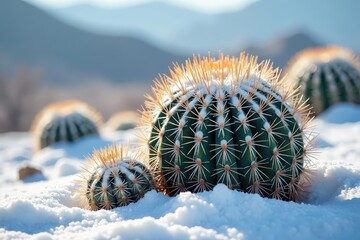 Snowy Cylindropuntia cactus with large pointed spines and frost resistance, desert, snow