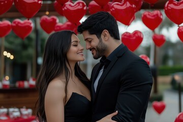 Fototapeta premium A stylish couple dressed elegantly sharing a loving gaze, creating a magical moment amidst beautiful heart balloons enhancing their romantic experience.